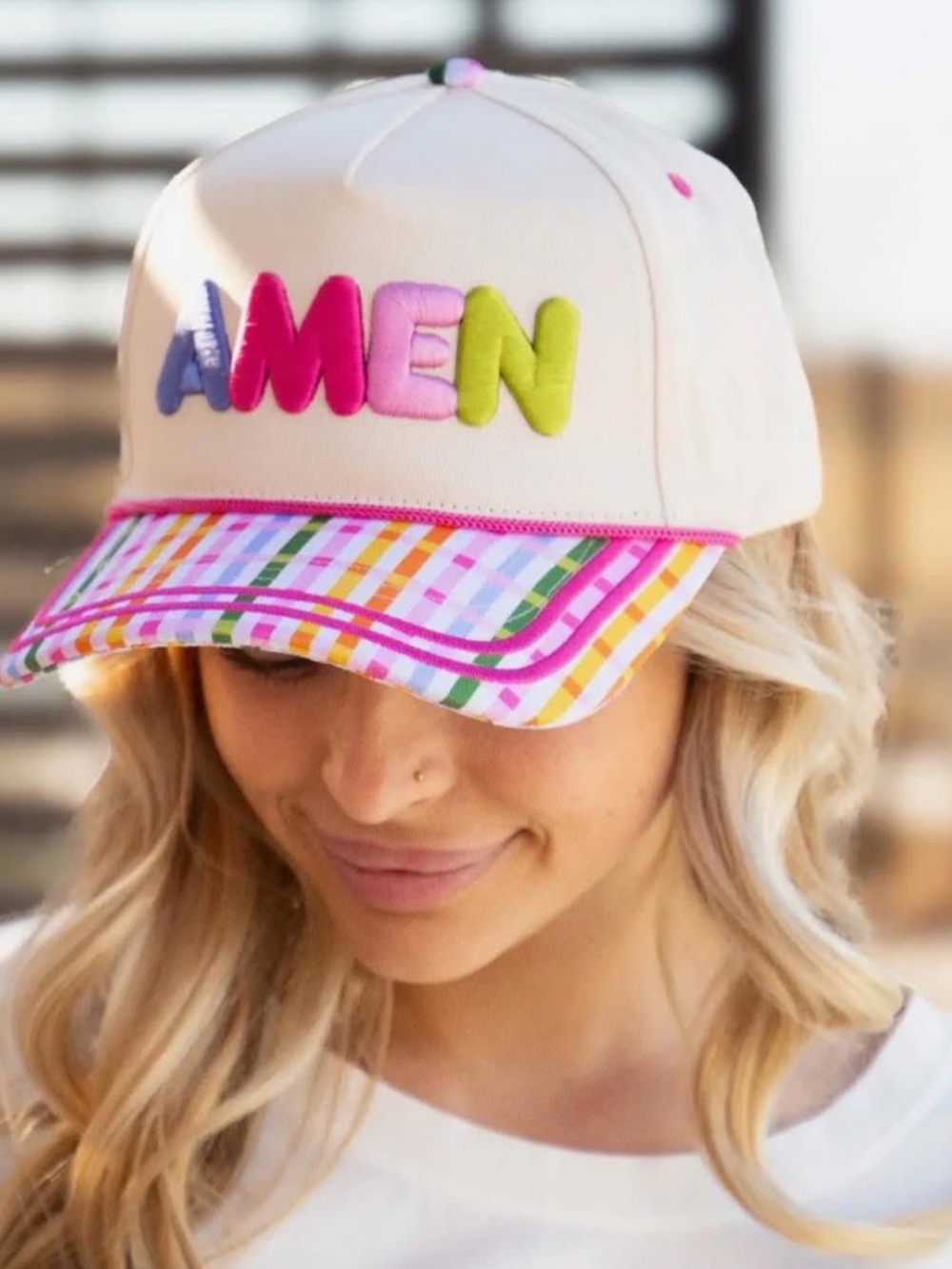 Embroidered AMEN  Cream Baseball Cap with Pink Plaid Brim